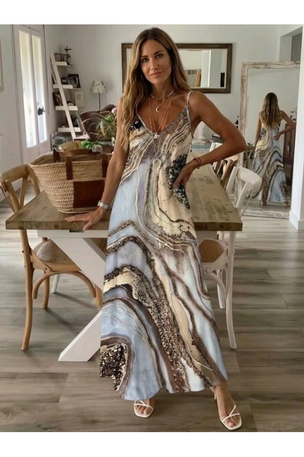 Bidebuvar Kadın Askılı V Yakalı Desenlı Uzun Süprem Elbise