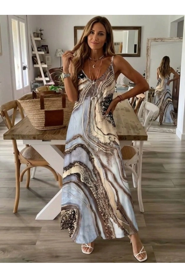 Bidebuvar Kadın Askılı V Yakalı Desenlı Uzun Süprem Elbise