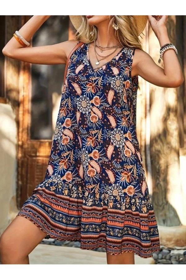 Bidebuvar Kadın Askılı V Yakalı Fırfırlı Desenli Süprem Kısa Elbise