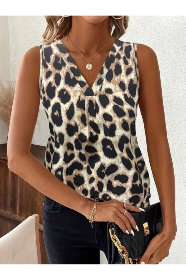 Bidebuvar Kadın Askılı V Yakalı Leopar Desenli Süprem Bluz