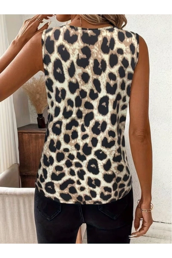 Bidebuvar Kadın Askılı V Yakalı Leopar Desenli Süprem Bluz