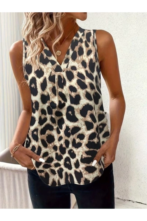 Bidebuvar Kadın Askılı V Yakalı Leopar Desenli Süprem Bluz