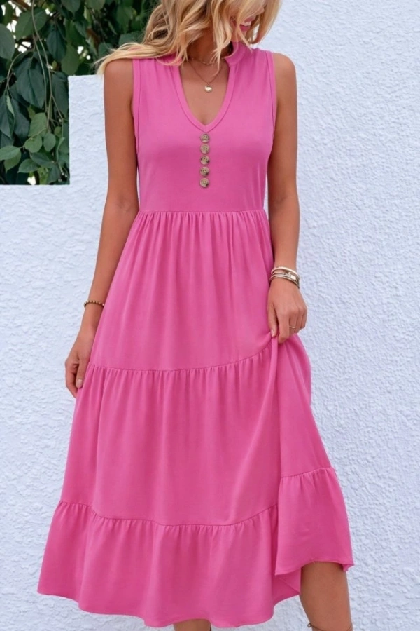 Bidebuvar Kadın Askılı V Yakalı önden Düğmeli Midi Viskon Elbise