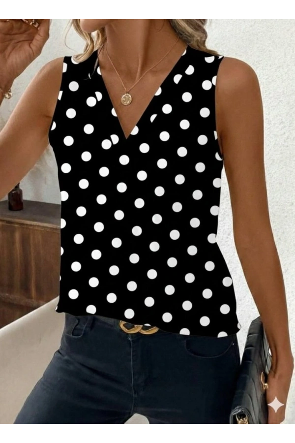 Bidebuvar Kadın Askılı V Yakalı Puantiyeli Süprem Bluz