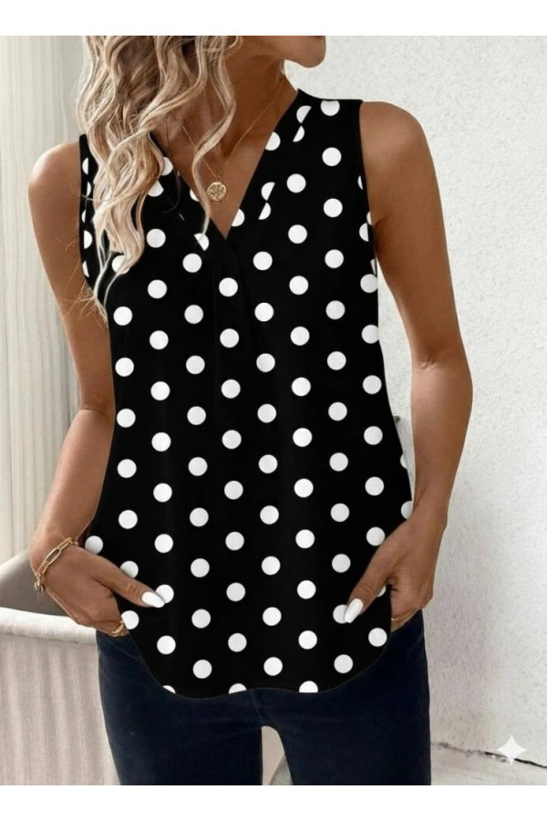 Bidebuvar Kadın Askılı V Yakalı Puantiyeli Süprem Bluz