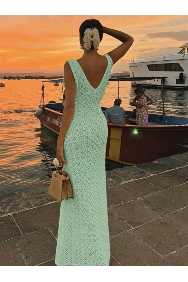 Bidebuvar Kadın Askılı V Yakalı Uzun Triko Elbise