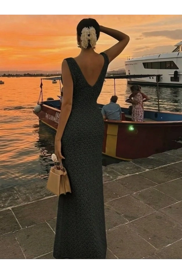 Bidebuvar Kadın Askılı V Yakalı Uzun Triko Elbise