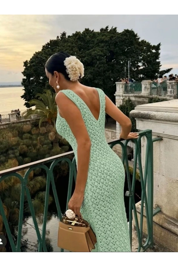 Bidebuvar Kadın Askılı V Yakalı Uzun Triko Elbise