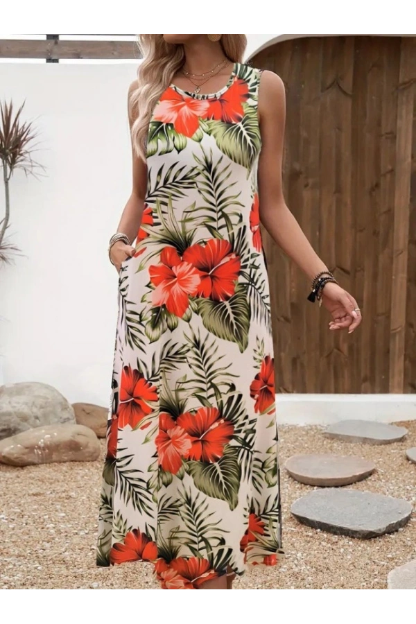 Bidebuvar Kadın Askılı Yuvarlak Yaka Cepli Desenli Süprem Elbise