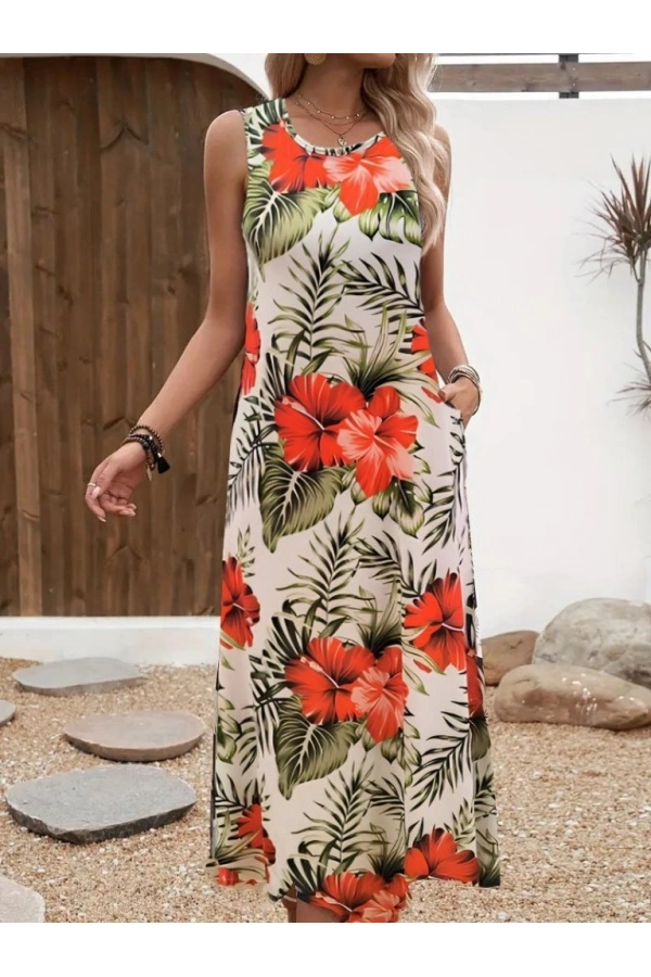 Bidebuvar Kadın Askılı Yuvarlak Yaka Cepli Desenli Süprem Elbise