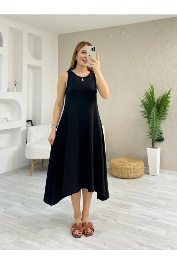 Bidebuvar Kadın Askılı Yuvarlak Yakalı Asimetrik Kesim Detaylı Viskon Elbise