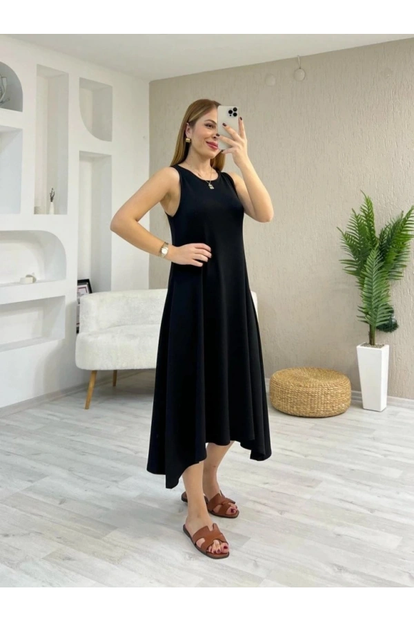 Bidebuvar Kadın Askılı Yuvarlak Yakalı Asimetrik Kesim Detaylı Viskon Elbise