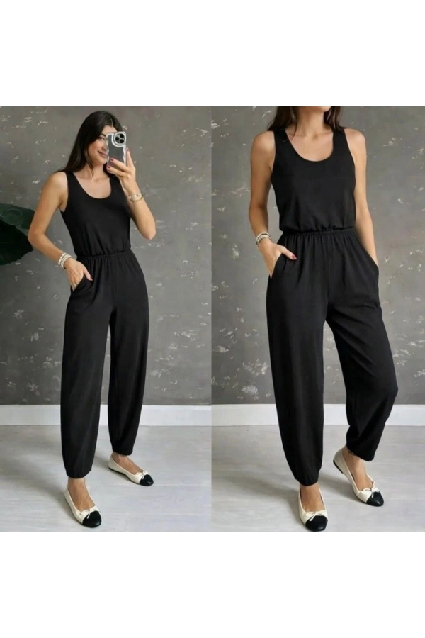 Bidebuvar Kadın Askılı Yuvarlak Yakalı Cepli Viskon Tulum