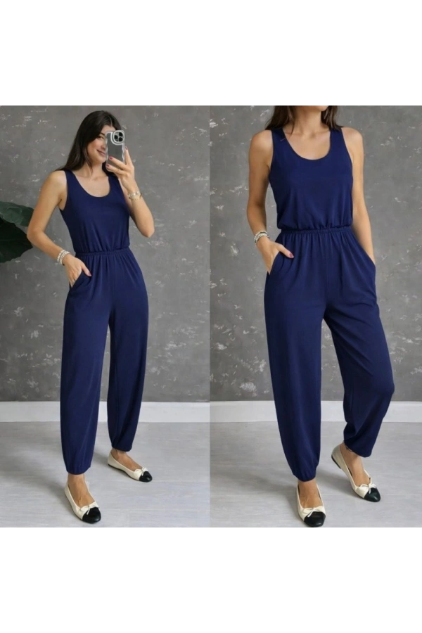 Bidebuvar Kadın Askılı Yuvarlak Yakalı Cepli Viskon Tulum