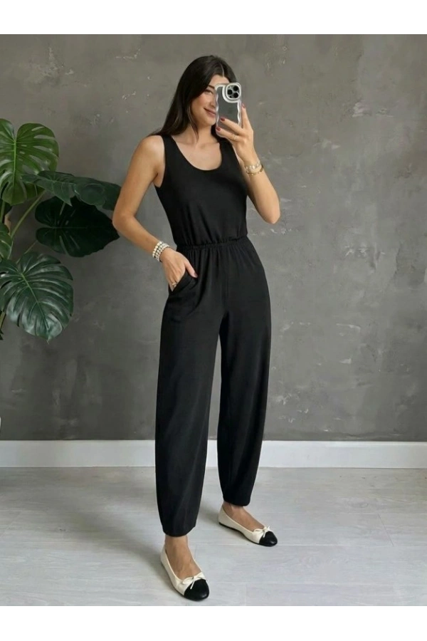 Bidebuvar Kadın Askılı Yuvarlak Yakalı Cepli Viskon Tulum