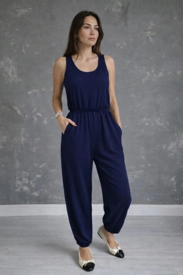 Bidebuvar Kadın Askılı Yuvarlak Yakalı Cepli Viskon Tulum