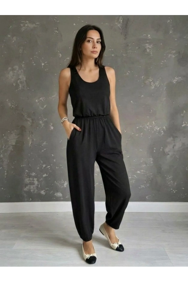 Bidebuvar Kadın Askılı Yuvarlak Yakalı Cepli Viskon Tulum