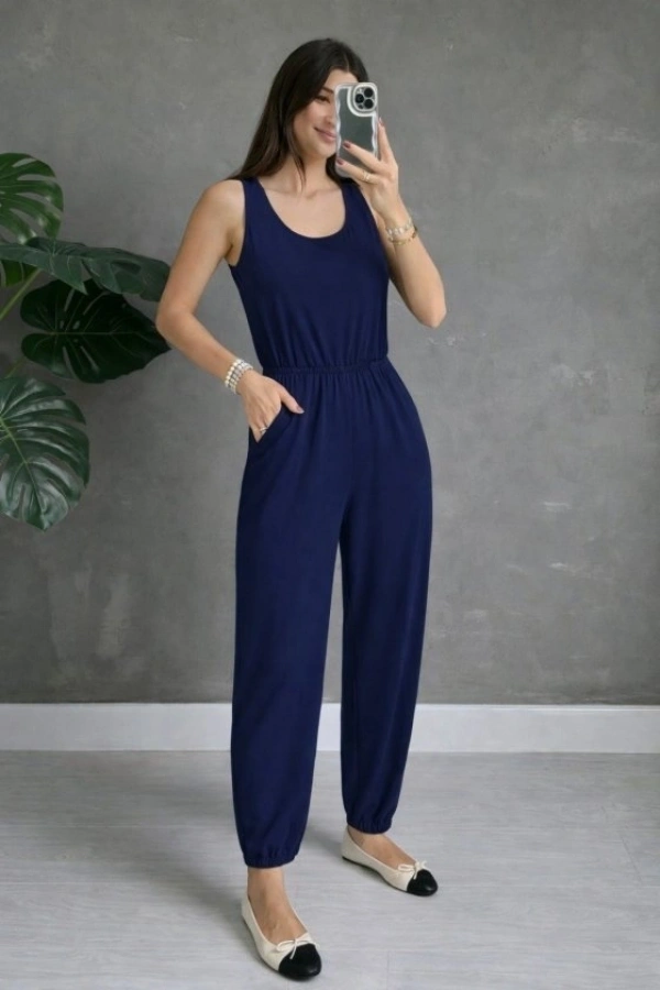 Bidebuvar Kadın Askılı Yuvarlak Yakalı Cepli Viskon Tulum