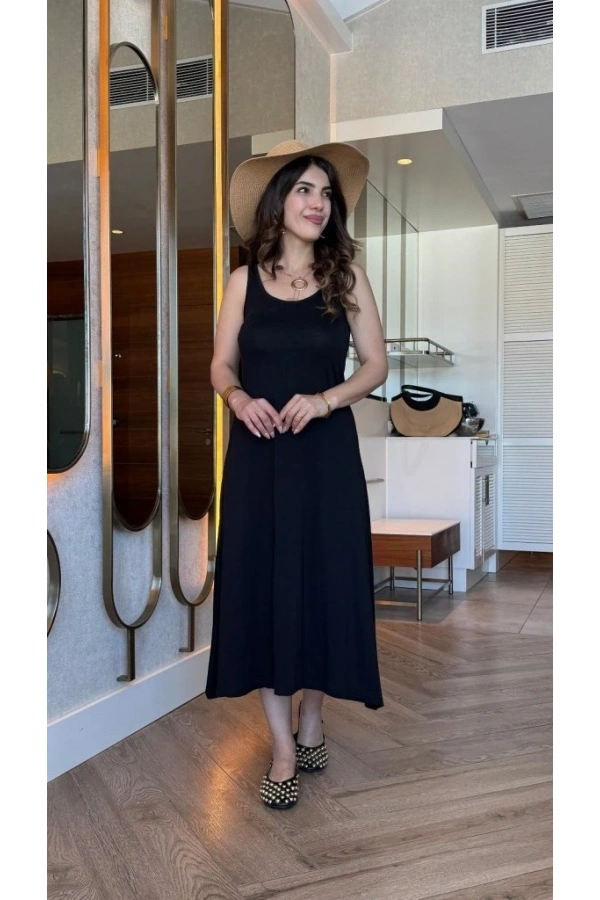 Bidebuvar Kadın Askılı Yuvarlak Yakalı Viskon Elbise