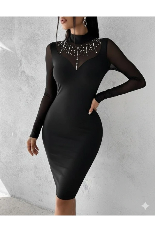 Bidebuvar Kadın Balıkçı Yaka Dalgıç Kumaş Taş Ve Transparan Detaydiz üstü Elbise