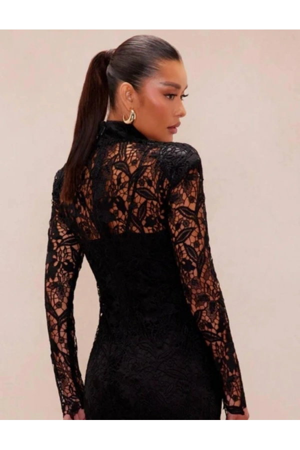 Bidebuvar Kadın Balıkçı Yaka Full Dantel Güpür Mini Elbise