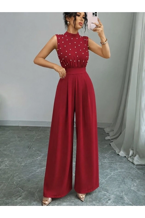 Bidebuvar Kadın Balıkçı Yaka Kolsuz Incili Beli Kuşaklı Uzun Janjan Tulum