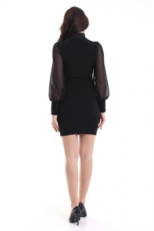 Bidebuvar Kadın Balıkçı Yaka Transparan Detay Fırsat ürün Sandy Kumaş Mini Elbise