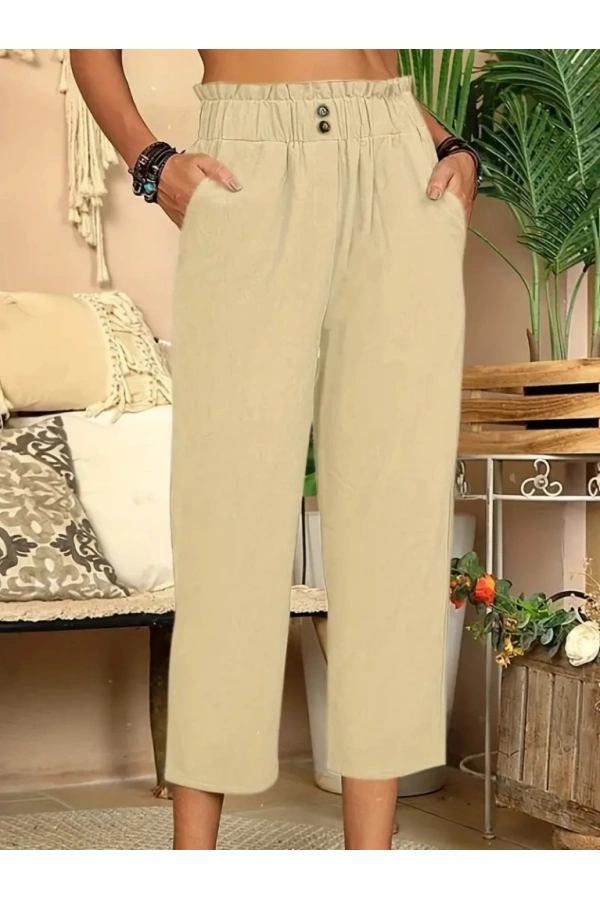 Bidebuvar Kadın Bel Büzgü Ve Düğme Detay Kapri Keten Pantolon