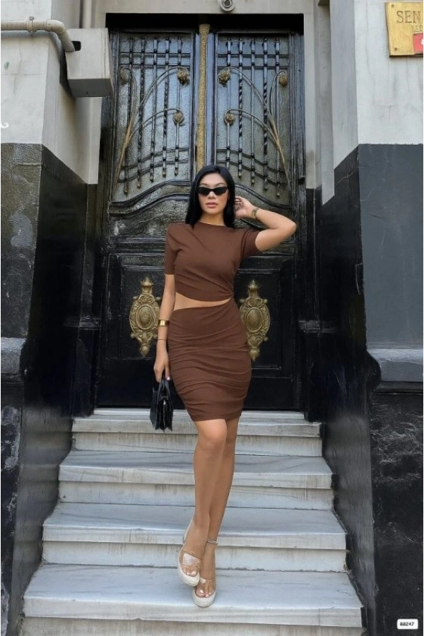 Bidebuvar Kadın Bel Dekolteli Yanı Büzgü Detay Dalgıç Krep Kumaş Mini Elbise