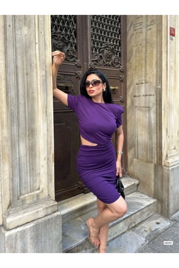 Bidebuvar Kadın Bel Dekolteli Yanı Büzgü Detay Dalgıç Krep Kumaş Mini Elbise