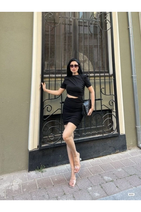 Bidebuvar Kadın Bel Dekolteli Yanı Büzgü Detay Dalgıç Krep Kumaş Mini Elbise