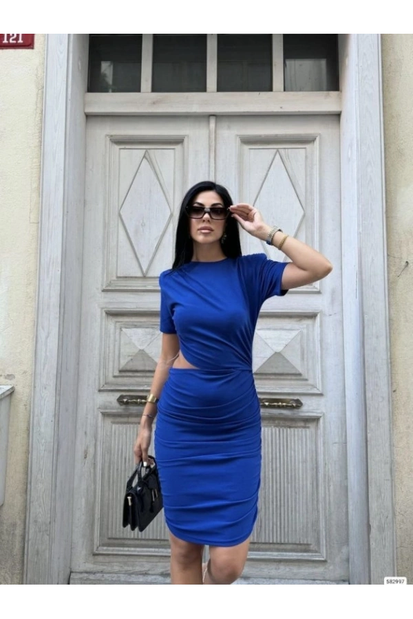 Bidebuvar Kadın Bel Dekolteli Yanı Büzgü Detay Dalgıç Krep Kumaş Mini Elbise