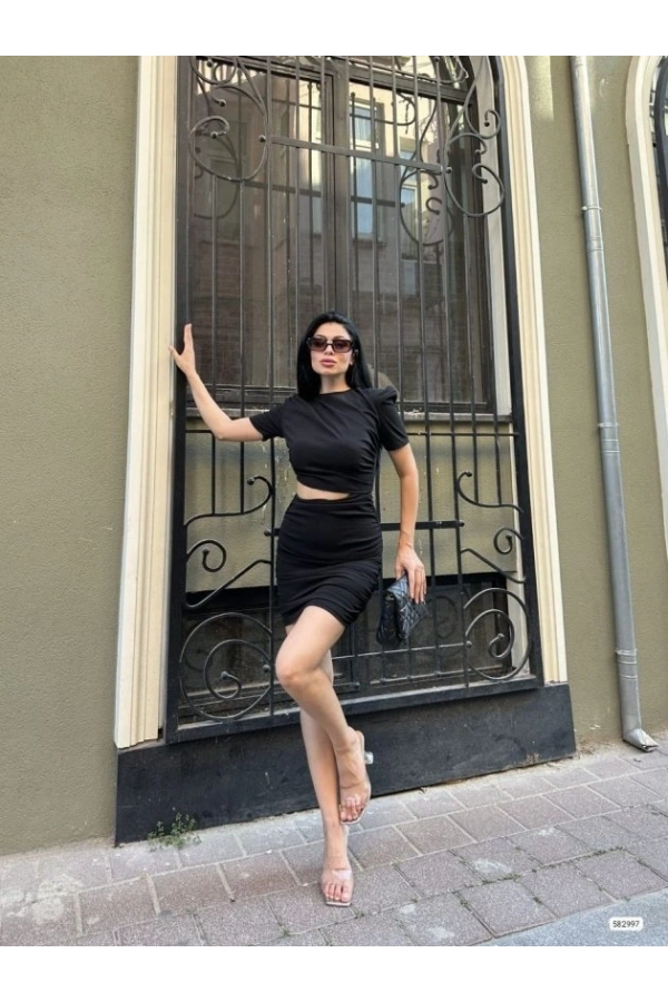 Bidebuvar Kadın Bel Dekolteli Yanı Büzgü Detay Dalgıç Krep Kumaş Mini Elbise