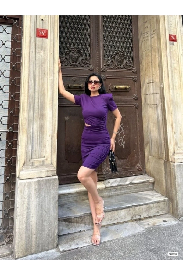 Bidebuvar Kadın Bel Dekolteli Yanı Büzgü Detay Dalgıç Krep Kumaş Mini Elbise