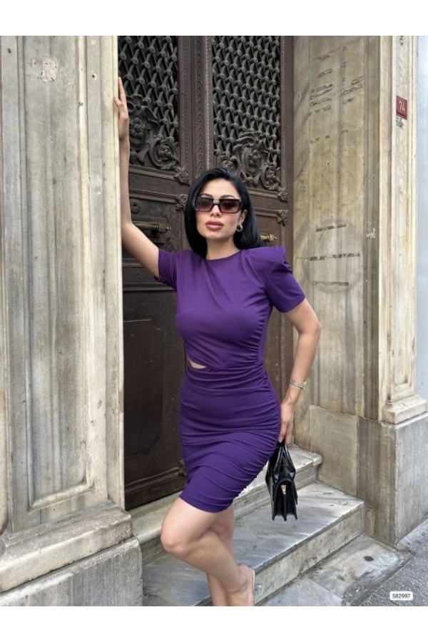 Bidebuvar Kadın Bel Dekolteli Yanı Büzgü Detay Dalgıç Krep Kumaş Mini Elbise