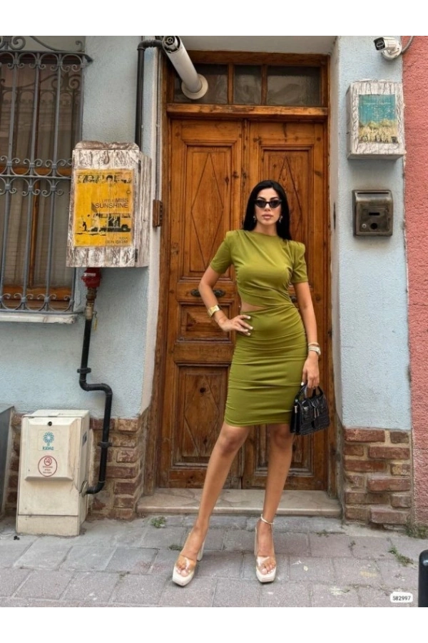 Bidebuvar Kadın Bel Dekolteli Yanı Büzgü Detay Dalgıç Krep Kumaş Mini Elbise