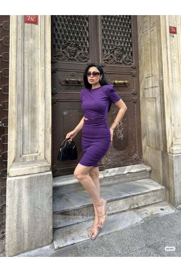 Bidebuvar Kadın Bel Dekolteli Yanı Büzgü Detay Dalgıç Krep Kumaş Mini Elbise