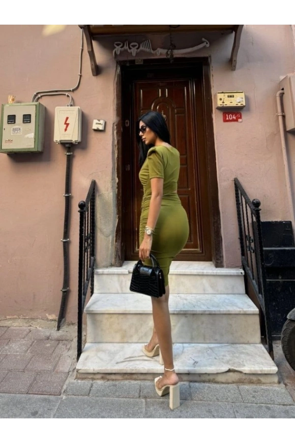 Bidebuvar Kadın Bel Dekolteli Yanı Büzgü Detay Dalgıç Krep Kumaş Mini Elbise