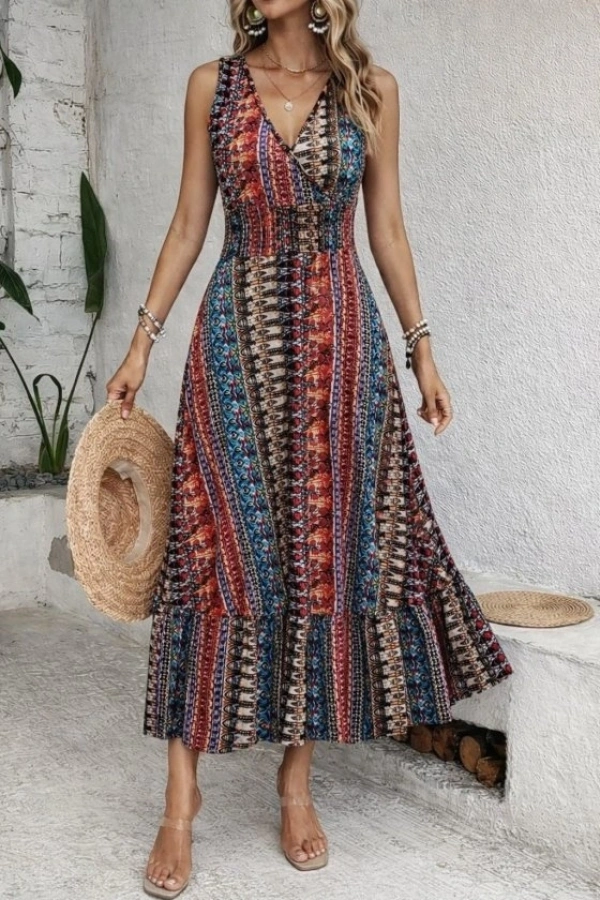 Bidebuvar Kadın Beli Gipeli Etnik Desen Sıfır Kol Süprem Elbise