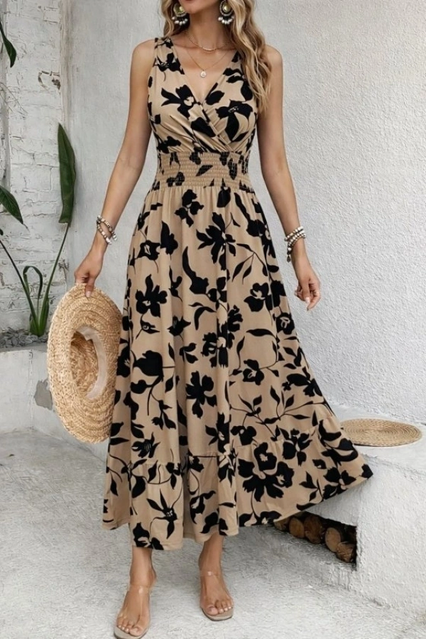 Bidebuvar Kadın Beli Gipeli Etnik Desen Sıfır Kol Süprem Elbise