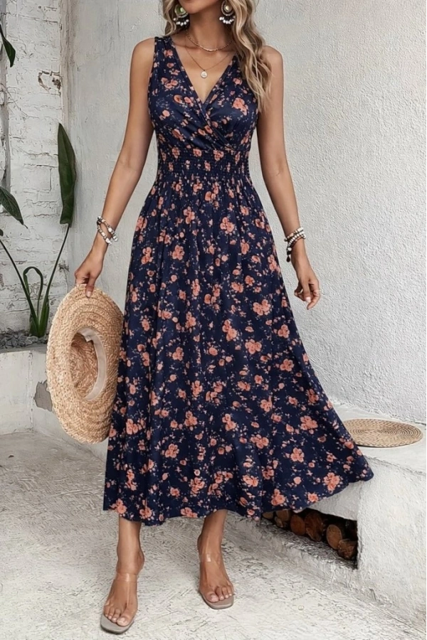 Bidebuvar Kadın Beli Gipeli Etnik Desen Sıfır Kol Süprem Elbise