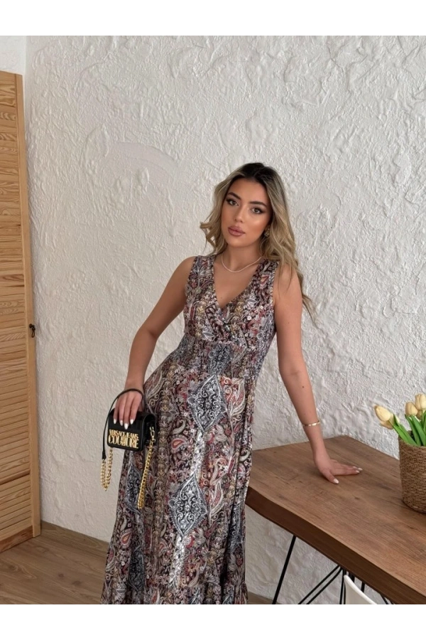 Bidebuvar Kadın Beli Gipeli Etnik Desen Sıfır Kol Süprem Elbise