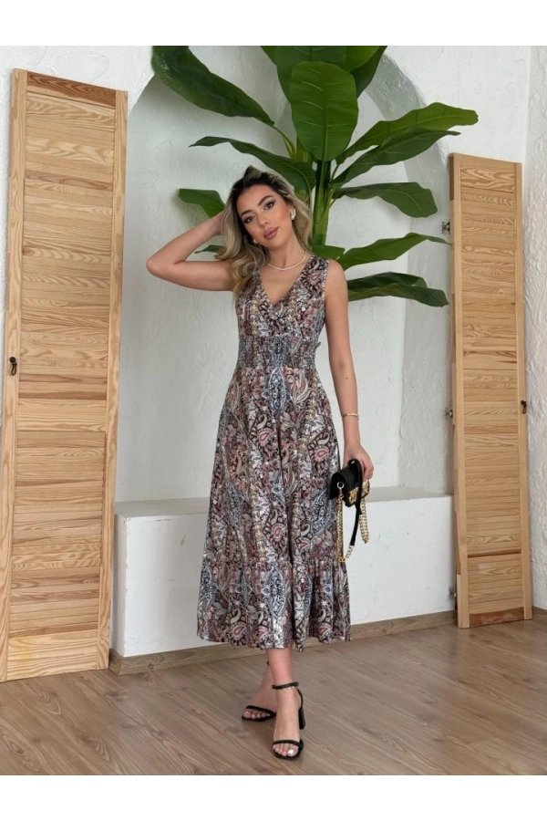 Bidebuvar Kadın Beli Gipeli Etnik Desen Sıfır Kol Süprem Elbise