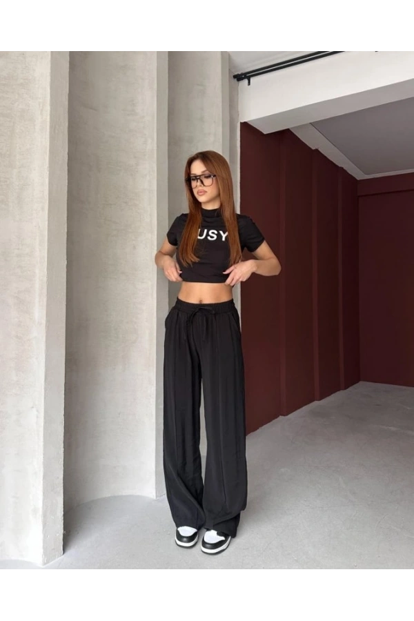 Bidebuvar Kadın Beli Lastikli çımalı Tensel Kumaş Ispanyol Paça Pantolon