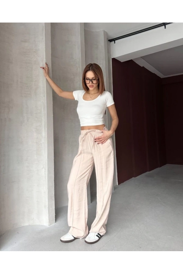 Bidebuvar Kadın Beli Lastikli çımalı Tensel Kumaş Ispanyol Paça Pantolon