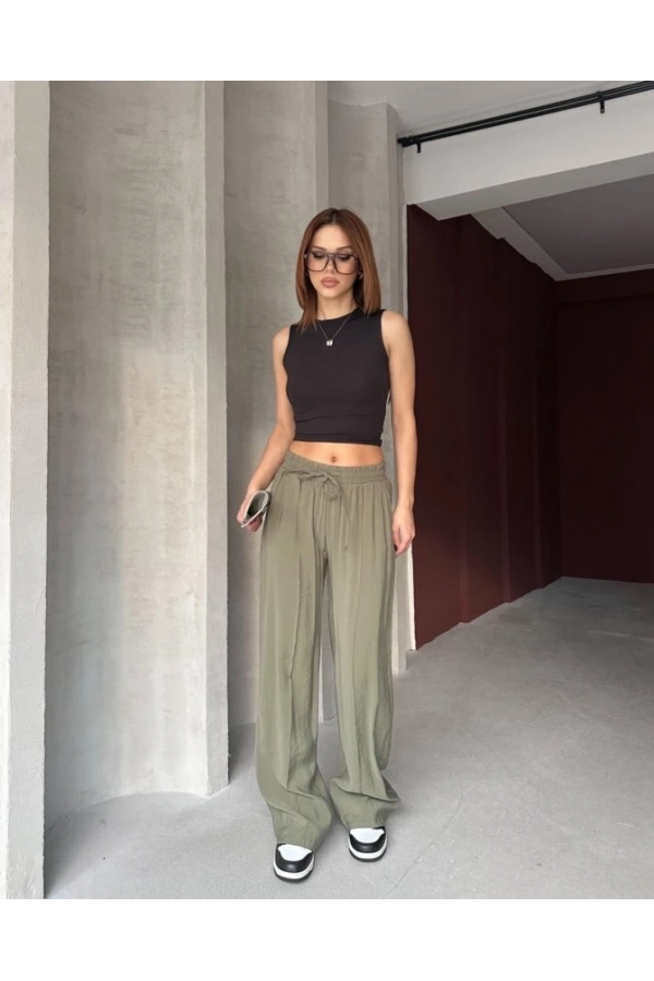 Bidebuvar Kadın Beli Lastikli çımalı Tensel Kumaş Ispanyol Paça Pantolon
