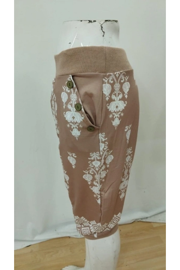 Bidebuvar Kadın Beli Lastikli Etnik Desenli Kapri Süprem Pantolon