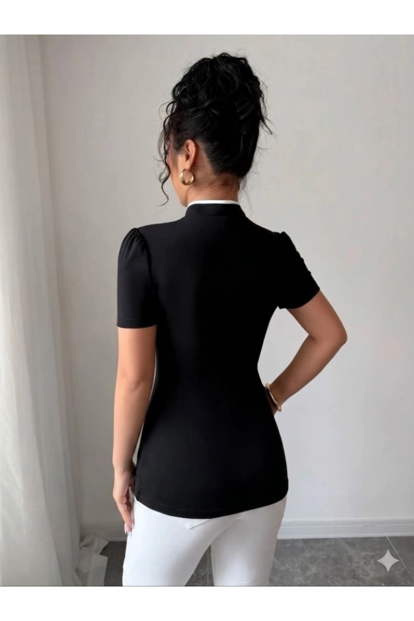 Bidebuvar Kadın Beyaz şerit Detaylı Dar Kesim Dik Yaka Bluz
