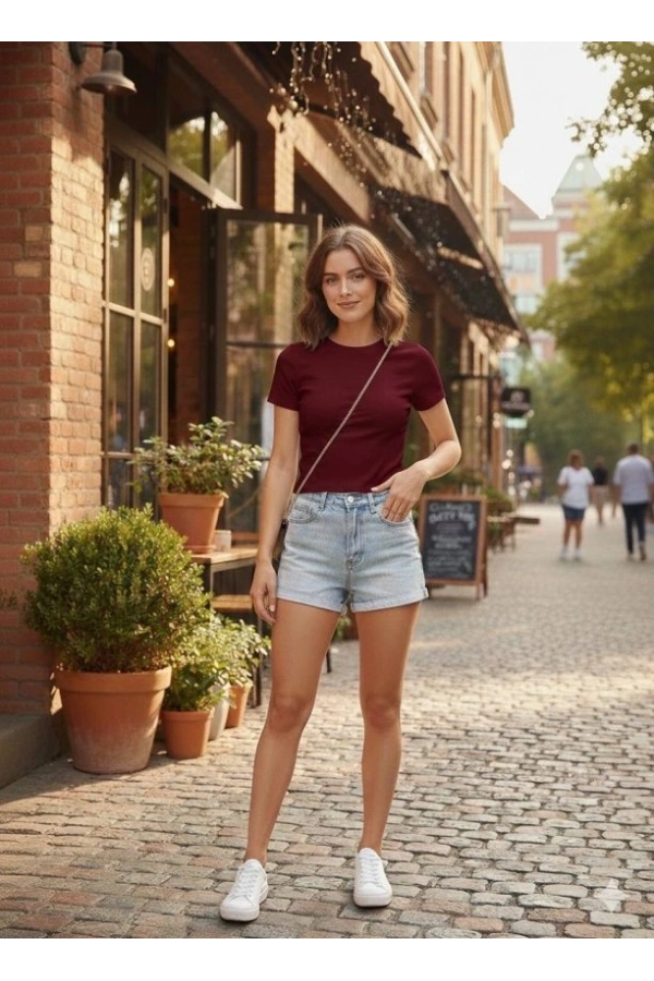 Bidebuvar Kadın Bisiklet Yaka Düz Renk Kaşkorse Bluz