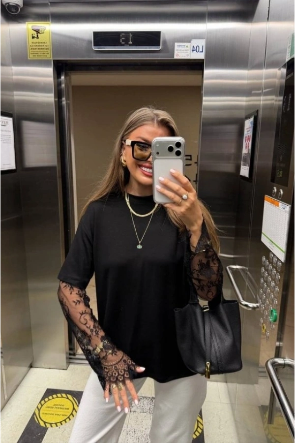 Bidebuvar Kadın Bisiklet Yaka Kolları Dantel Güpür Detay Bluz